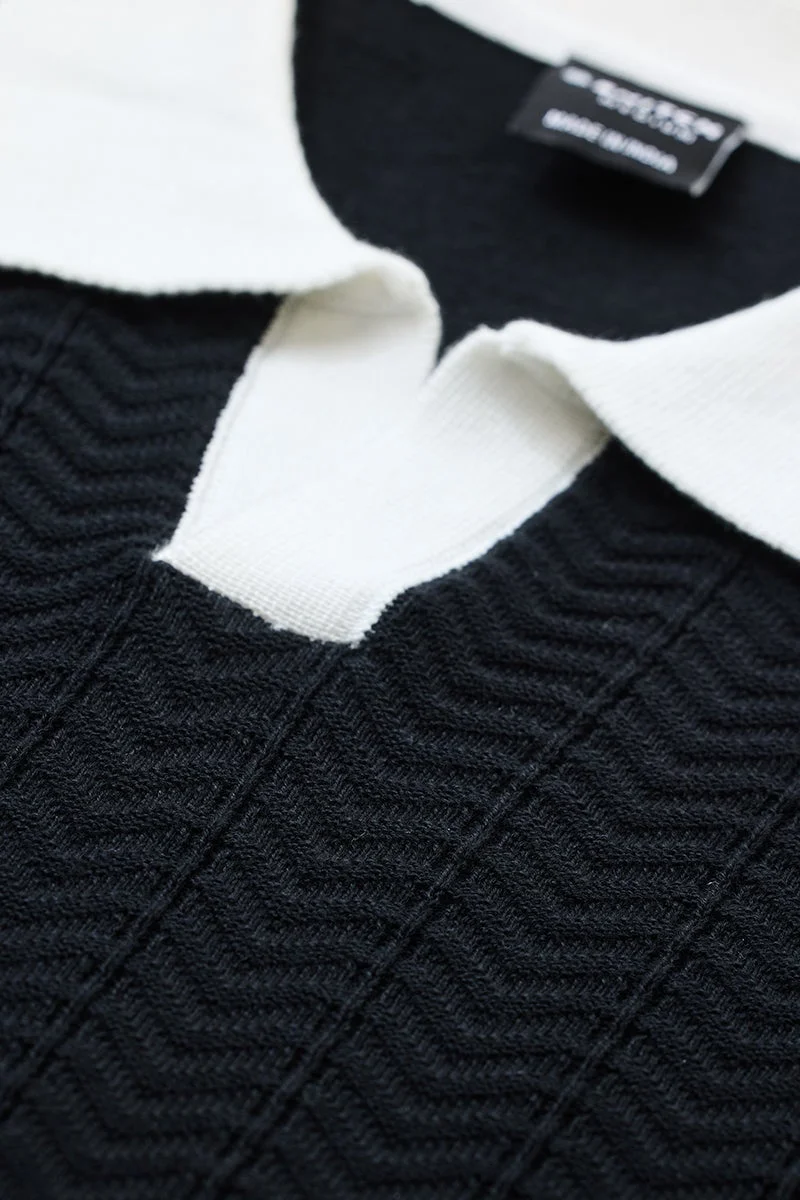 SNITCH Slim Fit Cotton Knitted Black Polo T-Shirt